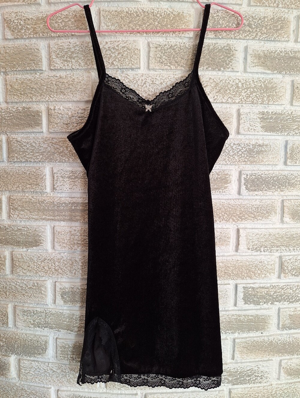 Velvet and Lace Split Hem Slip Dress with Metal Rhinestone Butterfly Charm S